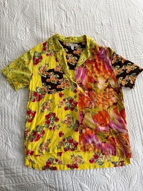 Urban Outfitters Yellow Floral Fruit Patchwork Eurosummer Button-Up Blouse Small